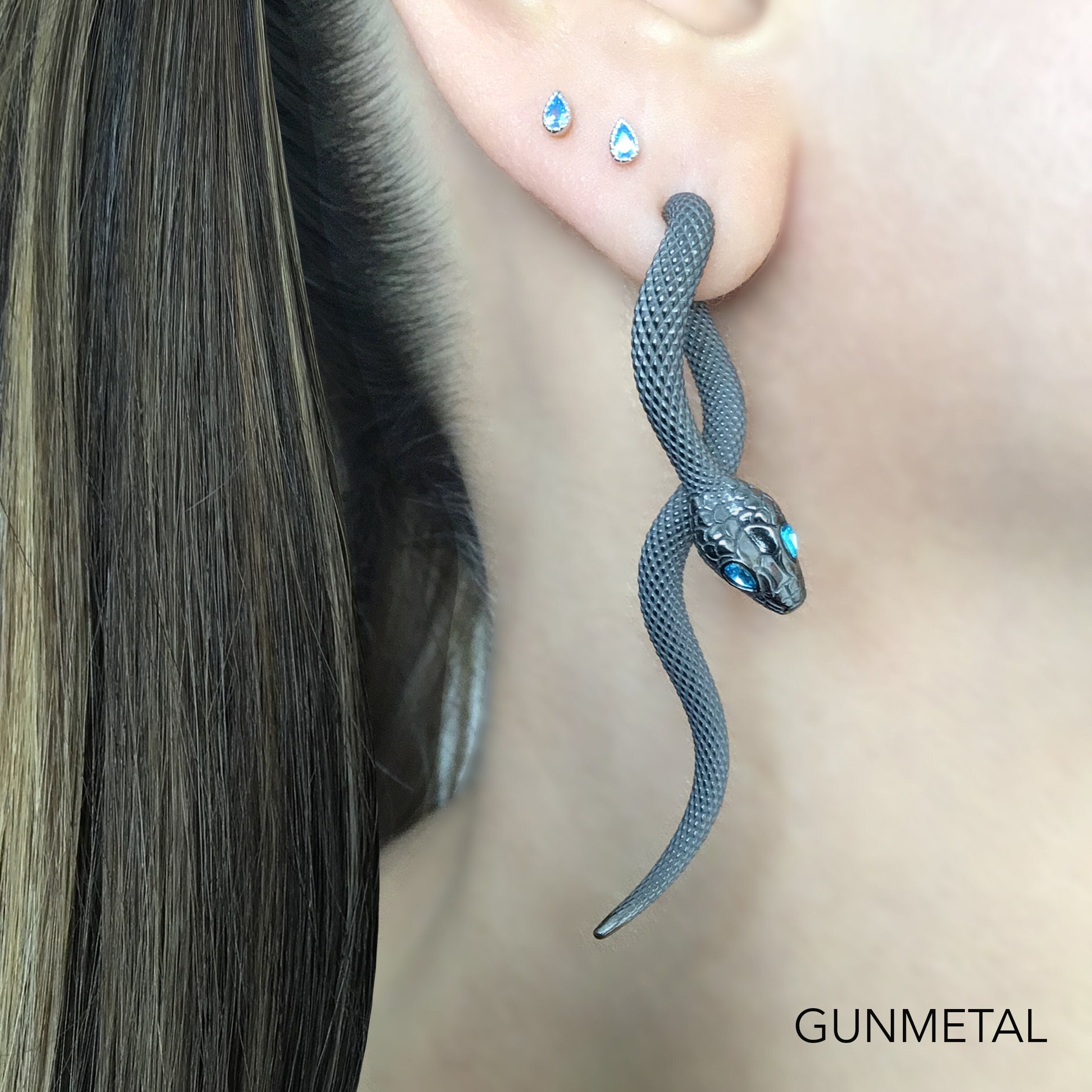 Snake Ear Jacket With Aquamarine Eyes, Front Back Studs, Gothic