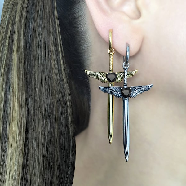 Sword with Wings Hoop Earrings, Gothic Dagger, Goth Stainless steel jewelry,Heart jewelry