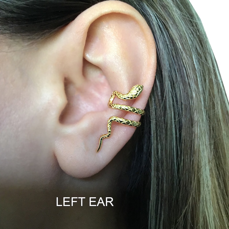 Puede incluir: Un pendiente de oreja de serpiente de oro. La serpiente est&aacute; enroscada alrededor de la oreja y tiene una superficie texturizada. El pendiente de oreja se lleva en la oreja izquierda. El texto "LEFT EAR" es visible debajo de la oreja.