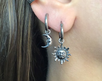 Sun and Moon  hoop earrings, Sun hoop earrings, hoop earrings, gothic jewelry, celestial jewelry, moon hoops, moon earrings, mismatched hoop