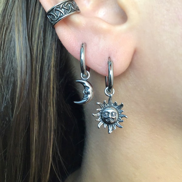 Sun and Moon  hoop earrings, Sun hoop earrings, hoop earrings, gothic jewelry, celestial jewelry, moon hoops, moon earrings, mismatched hoop