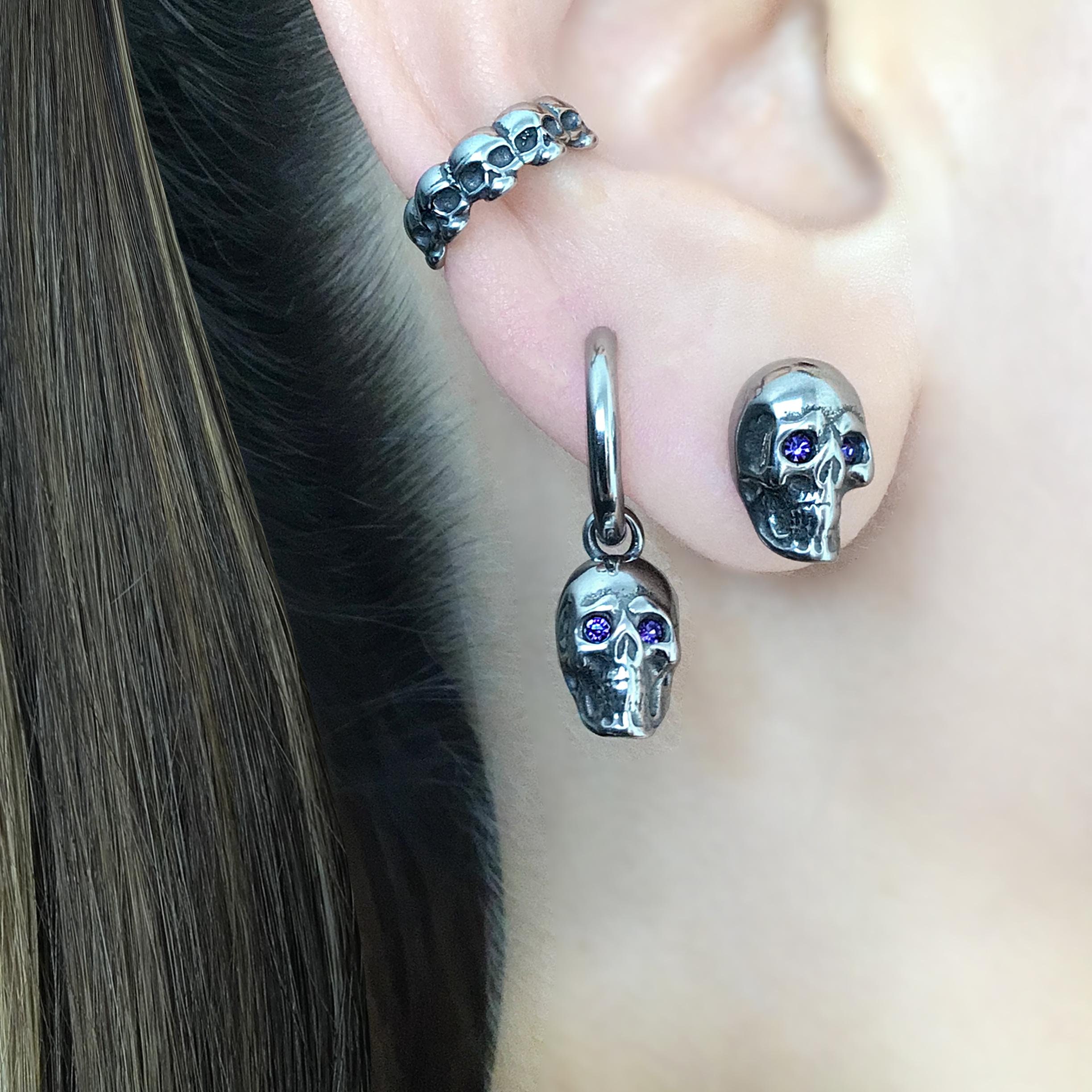 Black Skull Stud Earrings, Purple Cubic Zirconia Eyes, Stainless