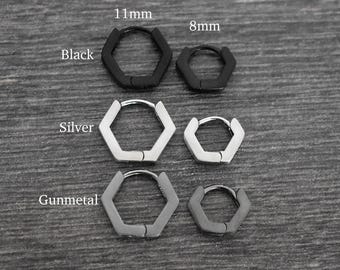 Zeshoekige oorringen, 8 mm, 11 mm ringen, roestvrij staal, sieraden met matte afwerking