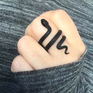 Puede incluir: Un anillo de serpiente negro con un dise&ntilde;o en espiral. El anillo se lleva en un dedo.