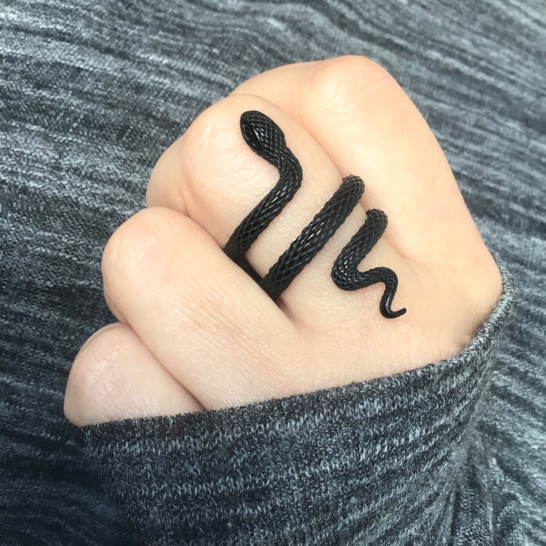 Puede incluir: Un anillo de serpiente negro con un dise&ntilde;o en espiral. El anillo se lleva en un dedo.