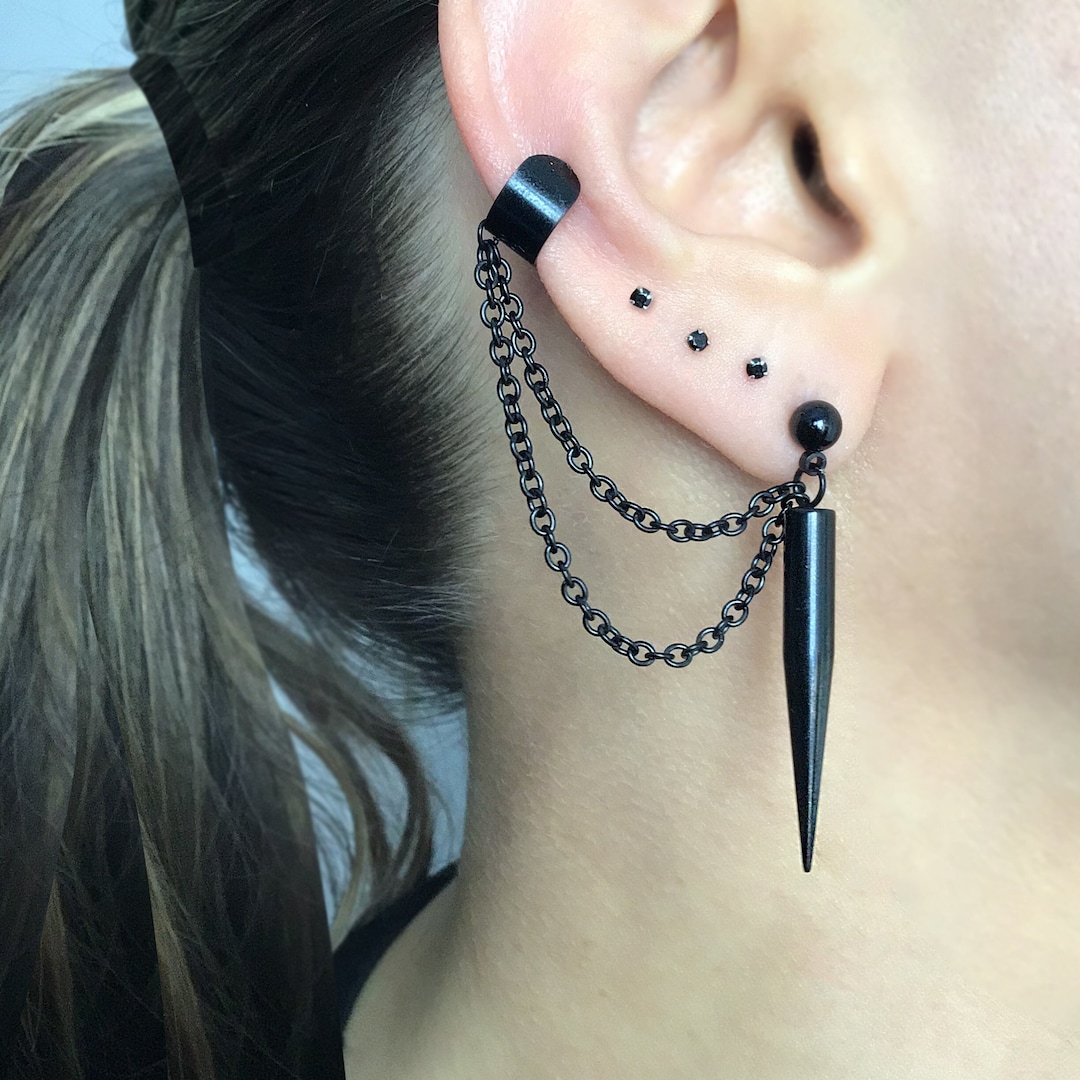 Ear Cuff With Spike Earring, Spike Earrings, Mismatched Earrings, Black Earrings, Gothic