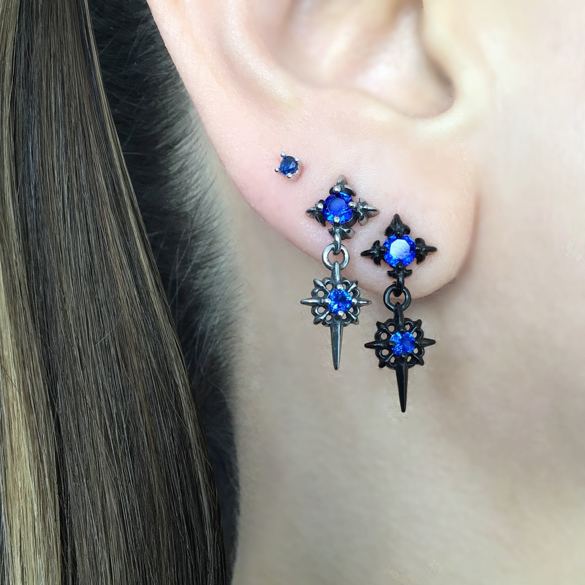 Sapphire blue Starburst earrings, stainless steel earrings, mens earrings, gothic earrings, Starburst studs, North Star earrings