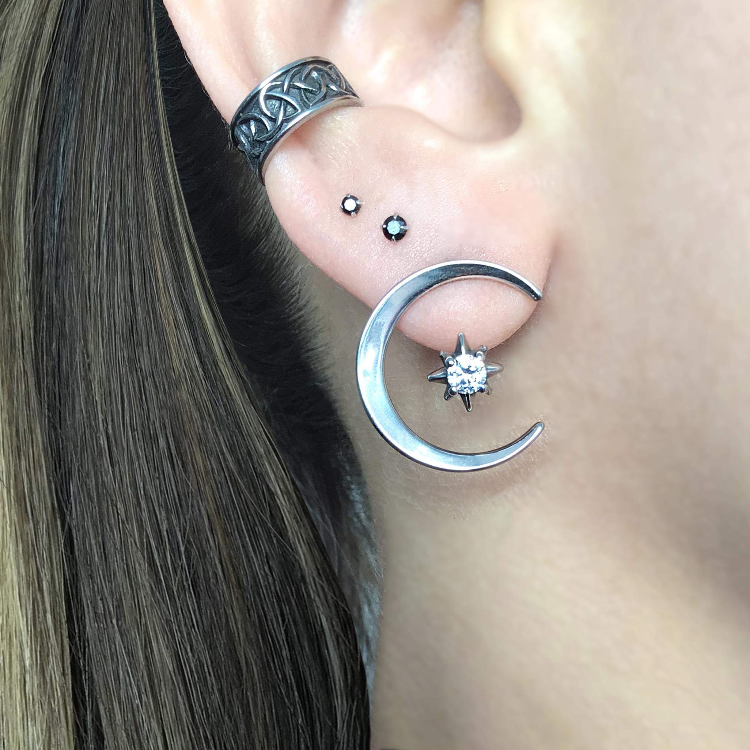 Moon and Star Ear Jacket, Crescent Moon Earrings, North Star