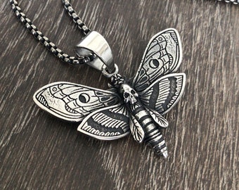 Moth pendant, Death Head Moth necklace, stainless steel jewelry,Moth jewelry, gothic necklace, unisex necklace, large pendant