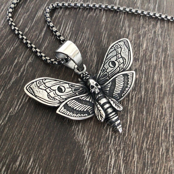 Moth pendant, Death Head Moth necklace, stainless steel jewelry,Moth jewelry, gothic necklace, unisex necklace, large pendant