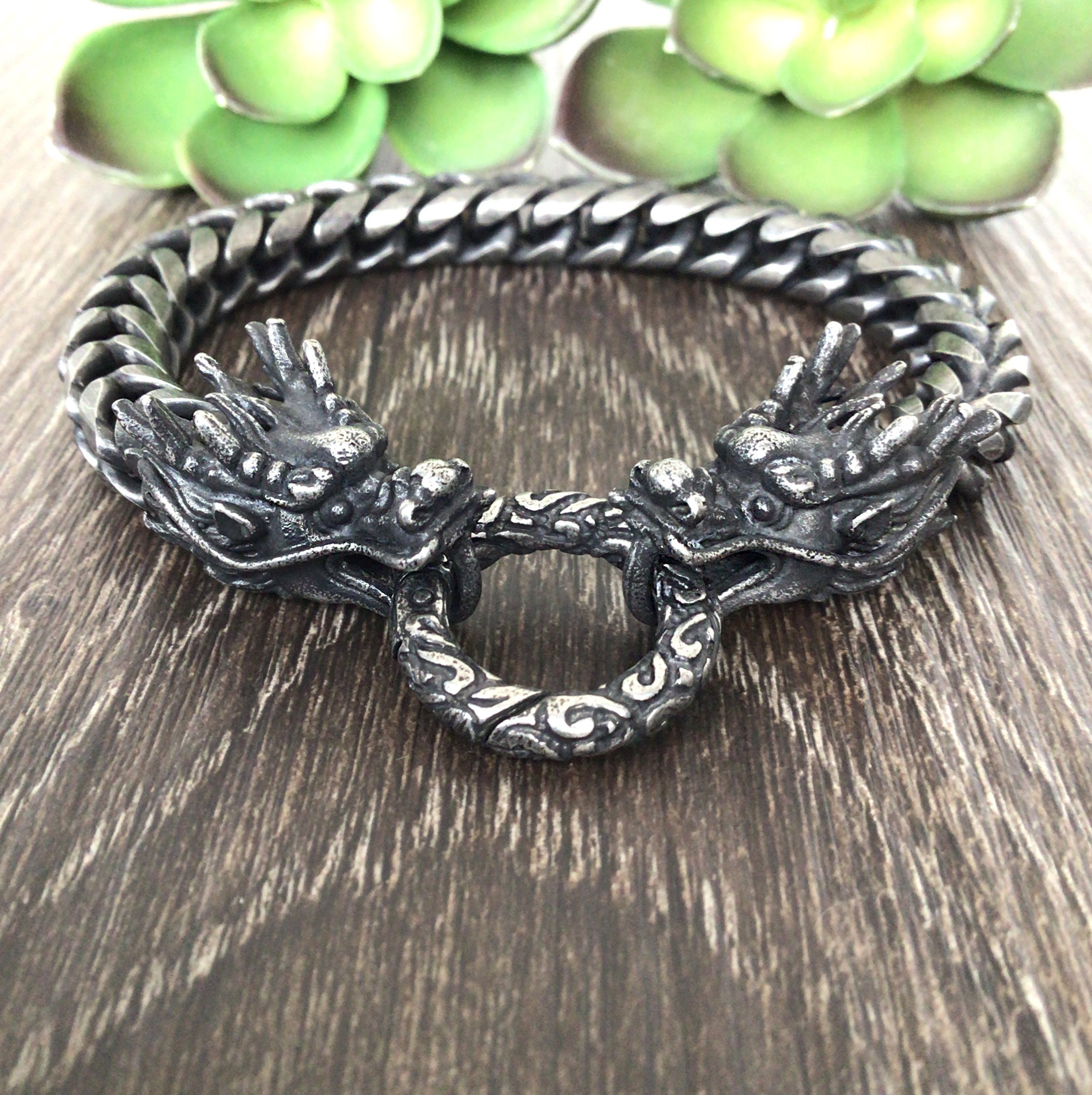 Dragon Clasp Stainless Steel Leather Bracelet, Black / A / 18.5 cm