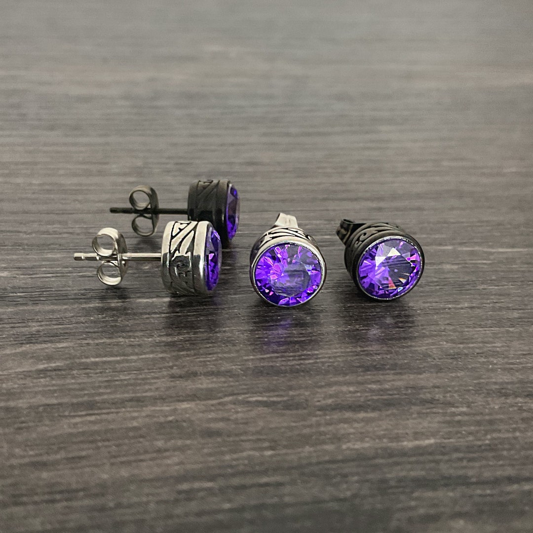 ☆人気☆【BLACKPURPLE】☆Signity symbol earring.s☆ Vintage 1980's Bronze Black Purple Resin Round Floral Fan