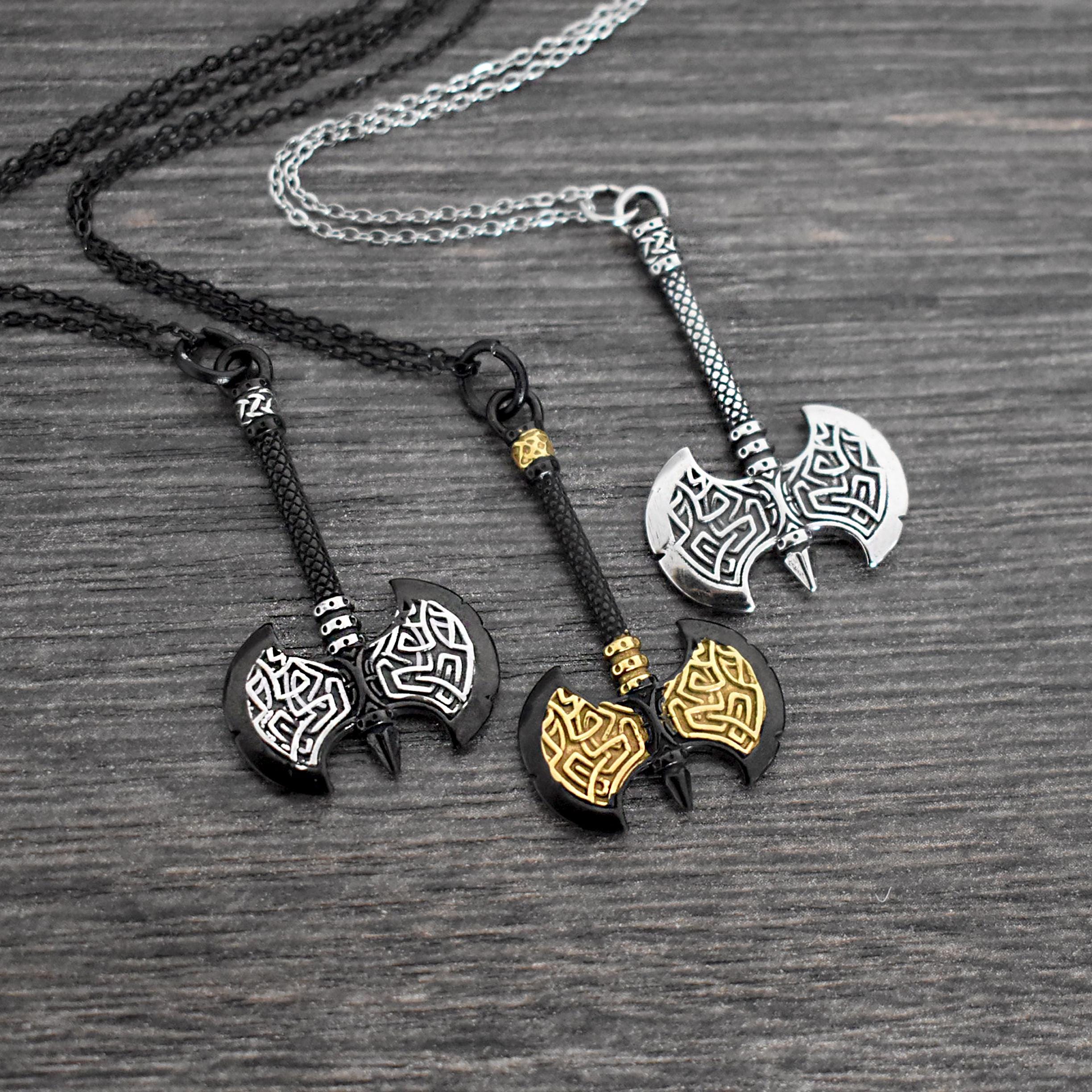 Double Axe Stainless Steel Necklace, Viking Celtic Jewelry