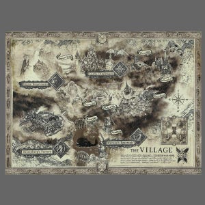 May include: A sepia-toned map of a village, featuring detailed illustrations of various locations such as Castle Dimitrescu, House Beneviento, and Heisenberg's Factory. The map includes the text "THE VILLAGE" and is framed with an ornate border.