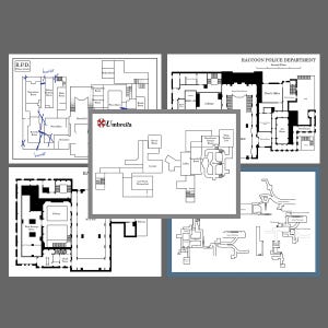 Pode incluir: Uma coleção de plantas arquitetônicas em preto e branco, incluindo as do Departamento de Polícia de Raccoon e das instalações da Umbrella Corporation. Os mapas apresentam layouts detalhados de salas, corredores e rótulos, alguns marcados com anotações.