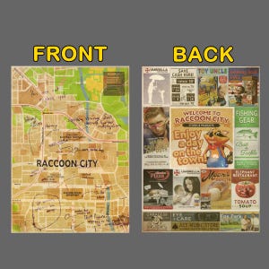 May include: A vintage-style poster with a map of Raccoon City on the front and various advertisements on the back. The map includes handwritten notes and the text "Raccoon City." The back features ads for Umbrella, Toy Uncle, and more.