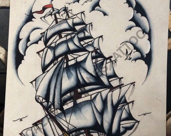 Sailor Vern 1983 tattoo flash painting boat print.