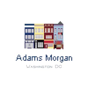 May include: A pixelated illustration of a row of colorful buildings with the text "Adams Morgan WASHINGTON DC" below.