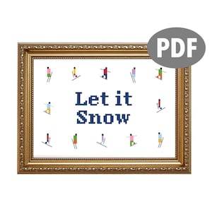 May include: A white background with the text "Let it Snow" in blue pixelated letters.  There are 12 pixelated skiers in various colors scattered around the text.