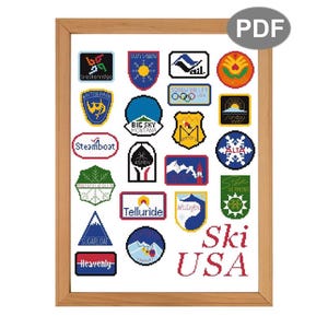 May include: A framed print featuring a collection of colorful ski resort patches. The patches display various logos and names, including "Breckenridge," "Sun Valley," and "Squaw Valley USA." The words "Ski USA" are written in red script below the patches.