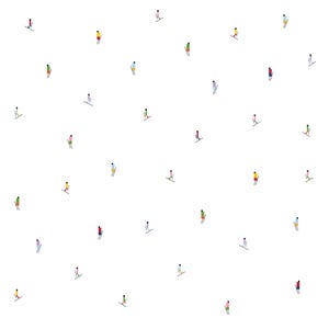 May include: A white background with a repeating pattern of colorful skiers on black skis. The skiers are all facing the right side of the image.