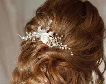 Silver wedding floral hair comb, flower crystal bridal hair vine