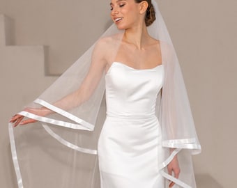 Satin trim veil with blusher, wedding cascading blusher veil, Two tier satin trim veil zen, Chapel double tier veil cathedral