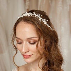 Bridal hair wreath with pearls wedding hair piece, bridal hair vine, pearl hair wreath for wedding image 1