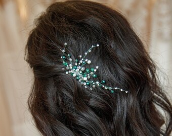 Bridesmaid Crystal Hair Pins, Green Bridal Hair Pin, Wedding Hair Piece