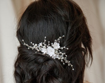 White Flower Bridal Hair Comb: Pearl & Crystal Wedding Hair Piece