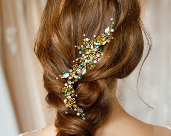 Rose Gold Hair Comb, Wedding Hair Piece, Bridal Turquoise Hair Clip, Floral Hair Vine