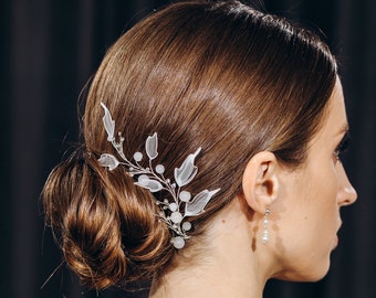 Bridal hair piece white leaf hair vine wedding silver rhinestone headpiece floral bridal hair jewelry