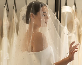Two layers pearl veil with blusher Wedding pearl veil Bridal fingertip veil with pearls Chapel cathedral length long veil