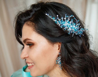 Blue hair comb wedding hair piece, bridal hair comb blue hair clips for women, blue hair piece for weddings