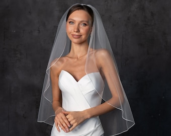 Pencil edge wedding veil, Bridal single layer cascading fingertip veil | waltz, chapel, cathedral length
