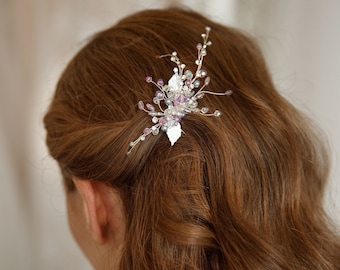 Peigne pourpre argent nuptial de cheveux, accessoires de cheveux de mariage, vigne de cheveux de strass