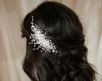 May include: A bride with long, dark hair wearing a white lace wedding dress with a silver and crystal hair comb.