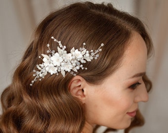Bridal Flower Hair Piece, Wedding Hair Vine, Pearl Comb Floral Headpiece