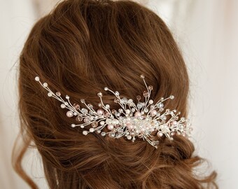 Crystal silver wedding hair piece, Bridal pearl hair comb