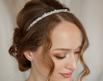 Cerchietto da sposa con perle, pezzo di capelli da sposa Boho, copricapo da damigella d'onore