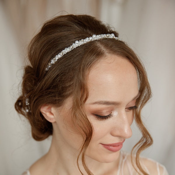 Pearl Bridal Headband, Boho Wedding Hair Piece, Bridesmaid Headpiece