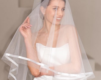 Velo de novia de cinta de raso, tul nupcial de dos capas, hecho a mano