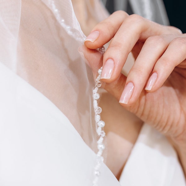 Pearl beaded wedding veil Bridal fingertip length veil Beaded edge cathedral bridal veil
