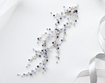 Blue Crystal Bridal Hair Vine, Pearl Wedding Hair Accessory