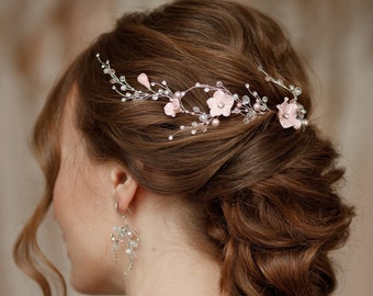 Morceau de mariée fleur blush, casque floral bohème de mariage, morceau de cheveux de mariage, perle de vigne de cheveux de mariée