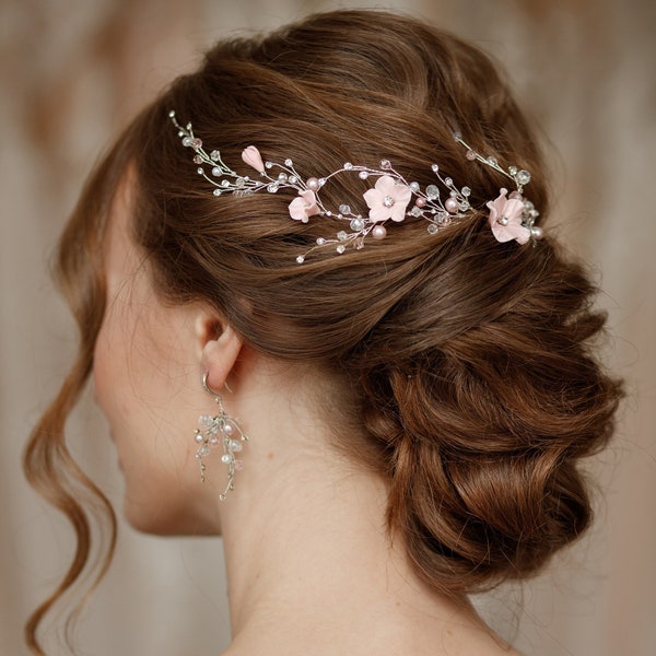 Blush flower bridal hair piece, wedding boho floral headpiece, wedding hair piece, bridal hair vine pearl