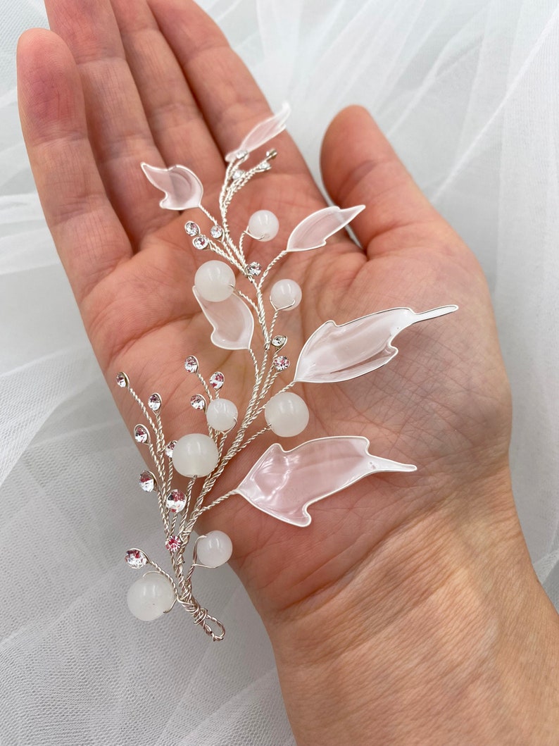 Bridal hair piece white leaf hair vine wedding silver rhinestone headpiece floral bridal hair jewelry image 7