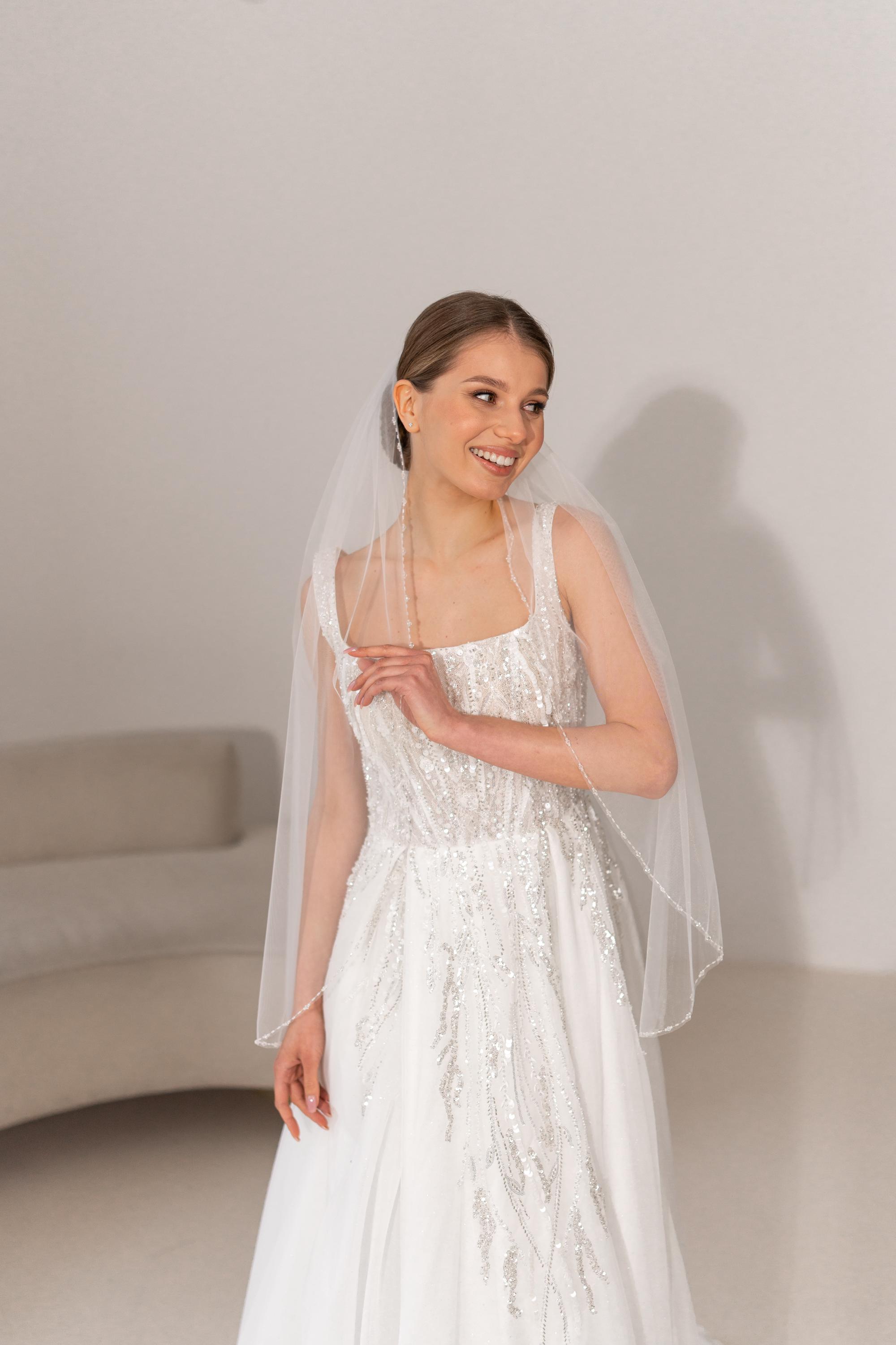 Beaded Edge Veil, Fingertip Wedding Veil, Ivory Bridal Veil 