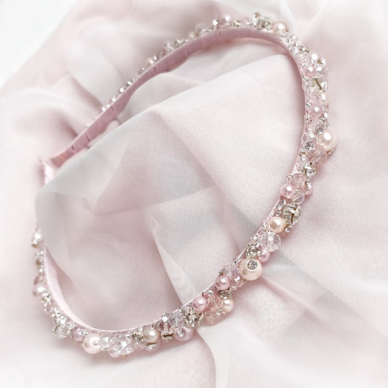 Pearl Bridal Headband, Boho Wedding Hair Piece, Bridesmaid Headpiece Pink