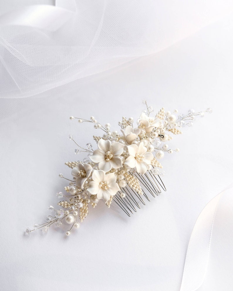 Bridal Flower Hair Piece, Wedding Hair Vine, Pearl Comb Floral Headpiece image 2